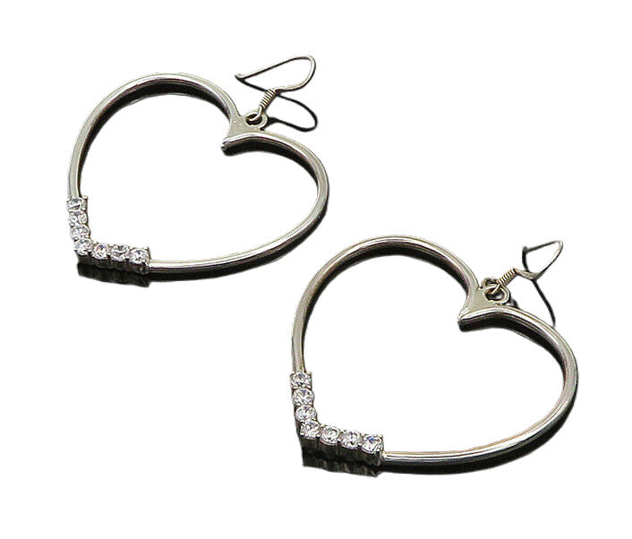 925 Sterling Silver  Vintage Cubic Zirconia Love Heart Hoop Earrings  EG10141