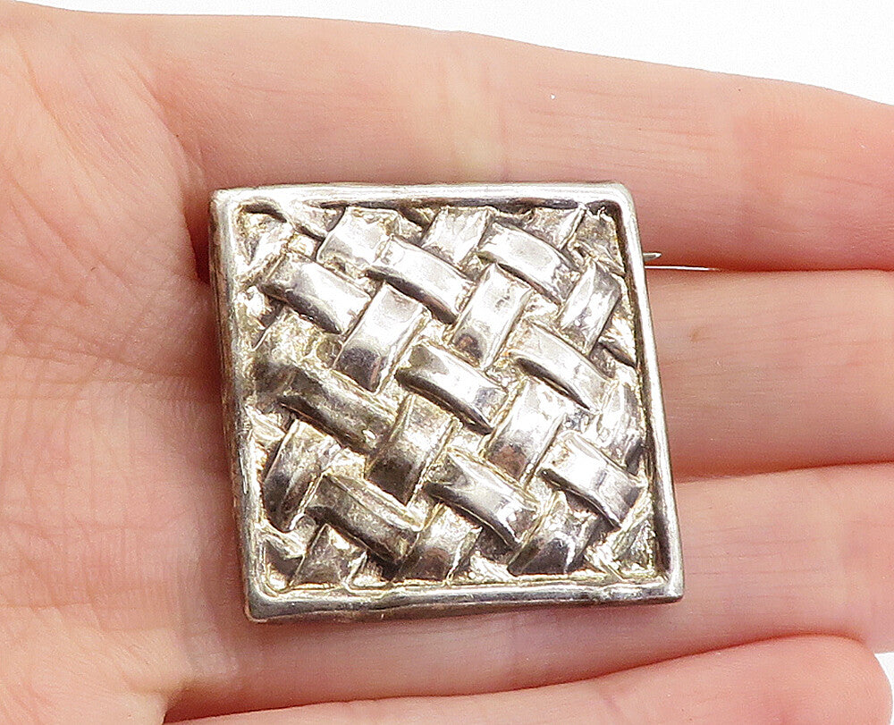 MEXICO 925 Sterling Silver  Vintage Basket Weave Square Brooch Pin  BP2390