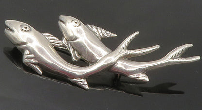 MEXICO 925 Sterling Silver  Vintage Shiny Hollow Double Fish Brooch Pin BP6072