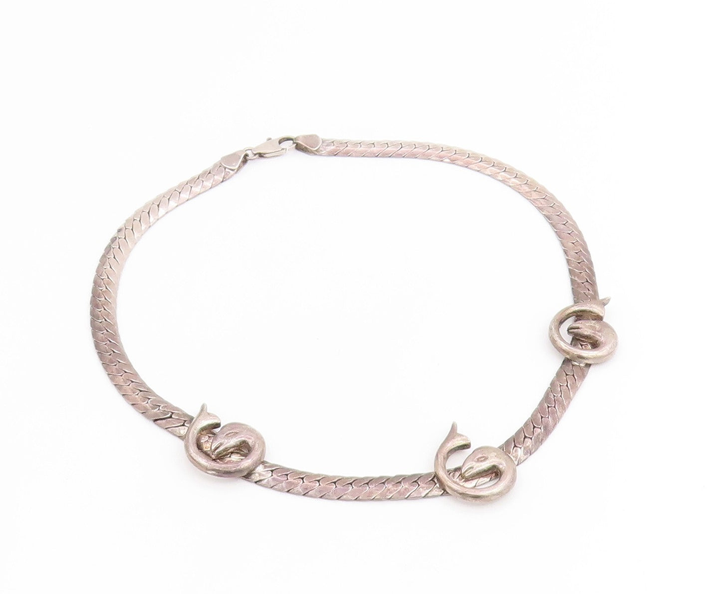 925 Sterling Silver Vintage Necklace Modernist Dolphin Motif Choker  NE4790