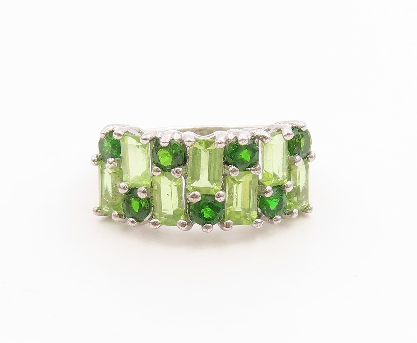 925 Sterling Silver Vintage Ring Elegant Peridot Multi Row Band  Sz 8  RG35977