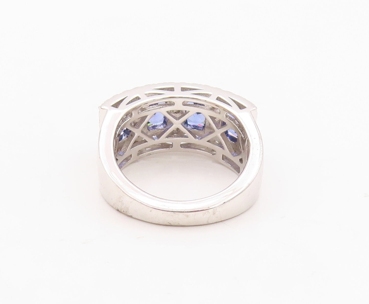 925 Sterling Silver Vintage Ring Rectangle Cut Blue & White CZ Band Sz 7 RG29987