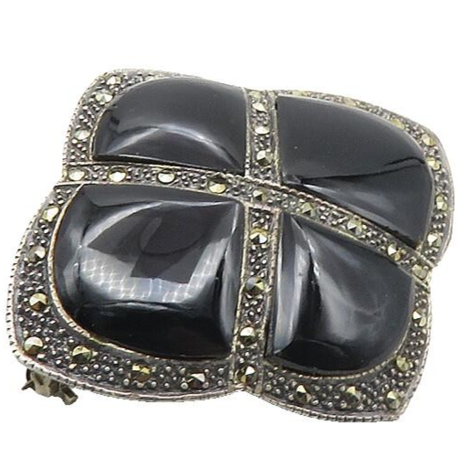 925 Sterling Silver  Vintage Black Onyx & Marcasite Square Brooch Pin  BP3826