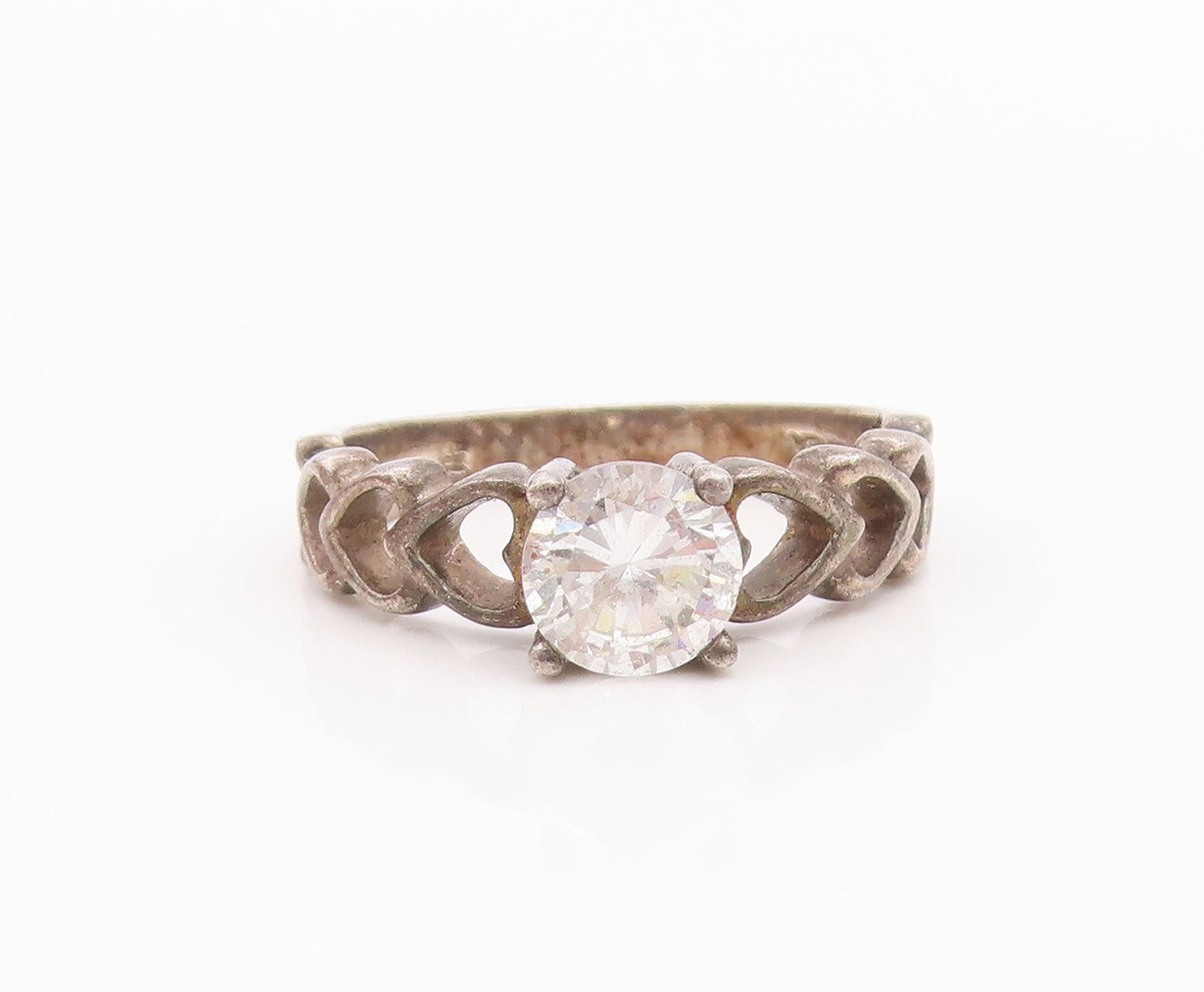 925 Sterling Silver Vintage Ring Antique Topaz Hearts Cutout Band  Sz 7  RG33135