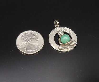 925 Sterling Silver  Vintage Touch Me For Luck Jade Medal Pendant  PT21758