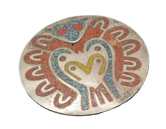 MEXICO 925 Sterling Silver  Vintage Inlaid Turquoise & Coral Brooch Pin BP6243