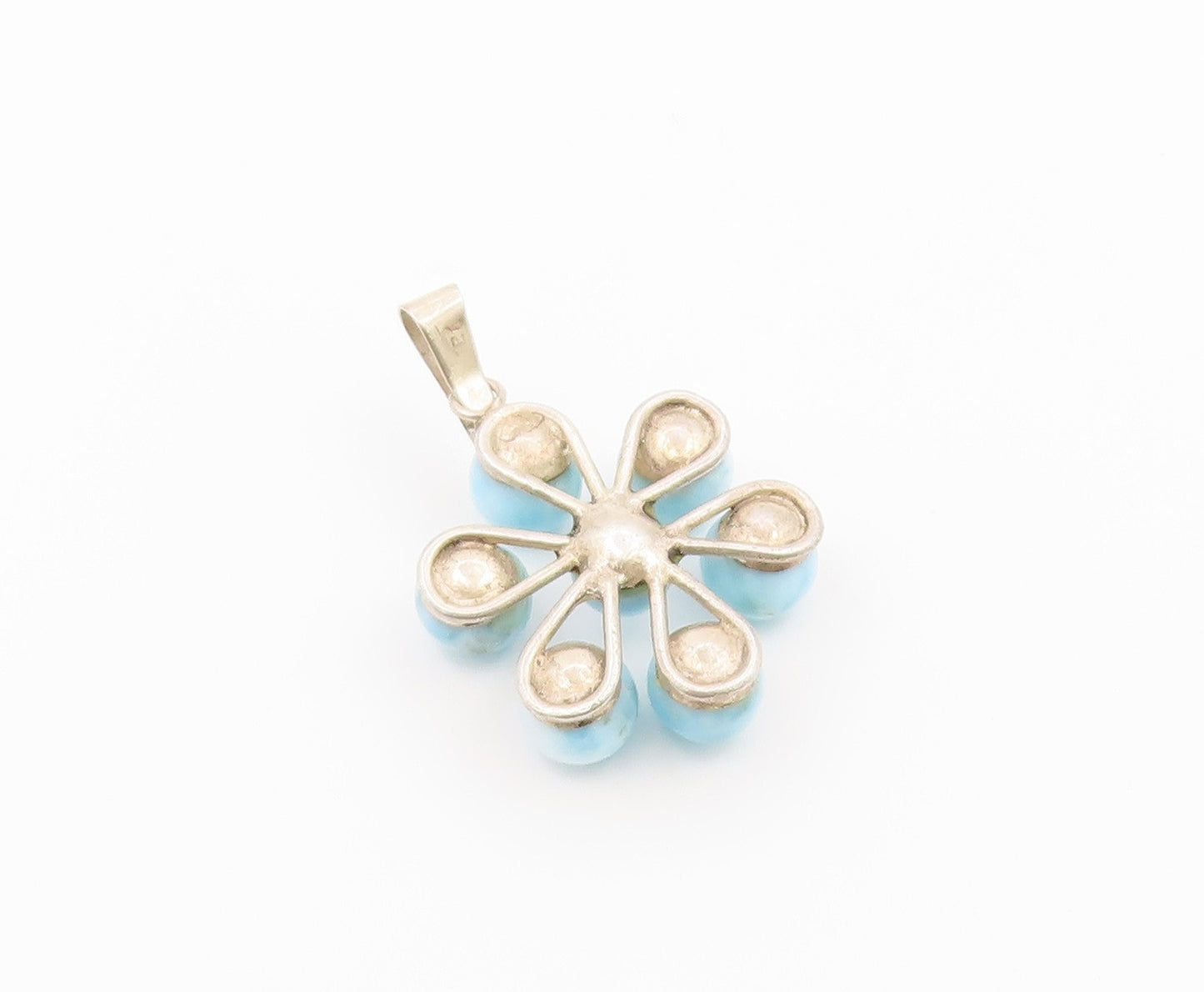 925 Sterling Silver Vintage Pendant Round Cabochon Larimar Floral Charm  PT26469