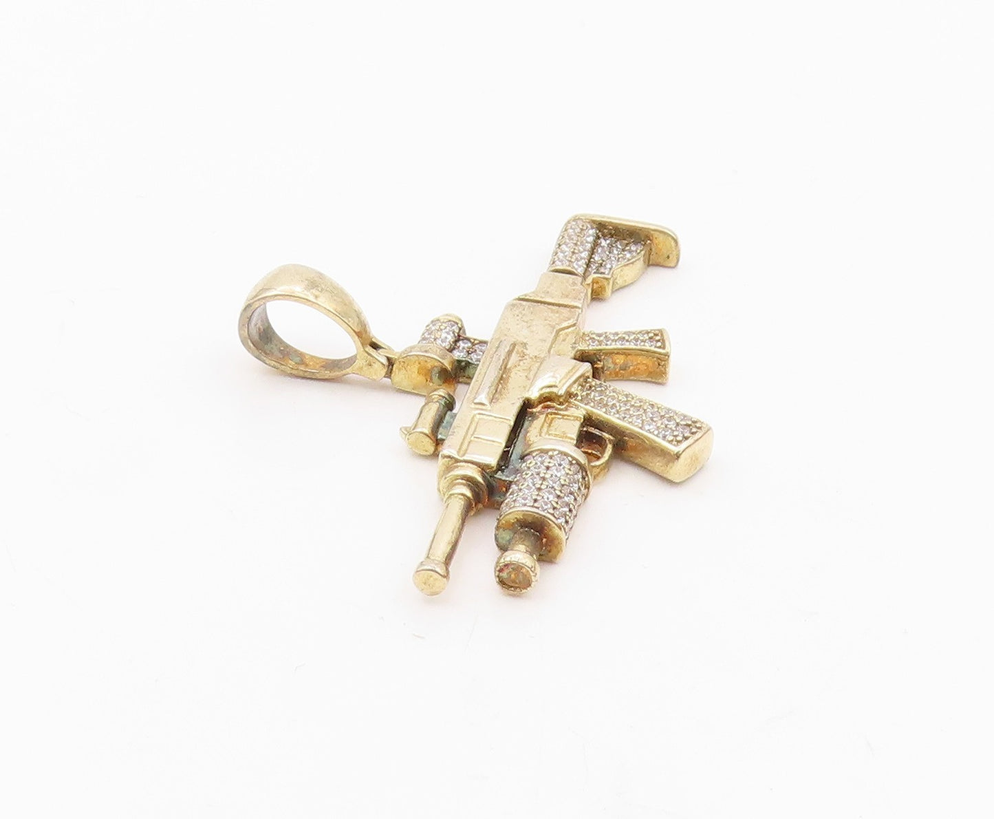 925 Sterling Silver  Vintage Shiny Cubic Zirconia Machine Gun Pendant  PT18421
