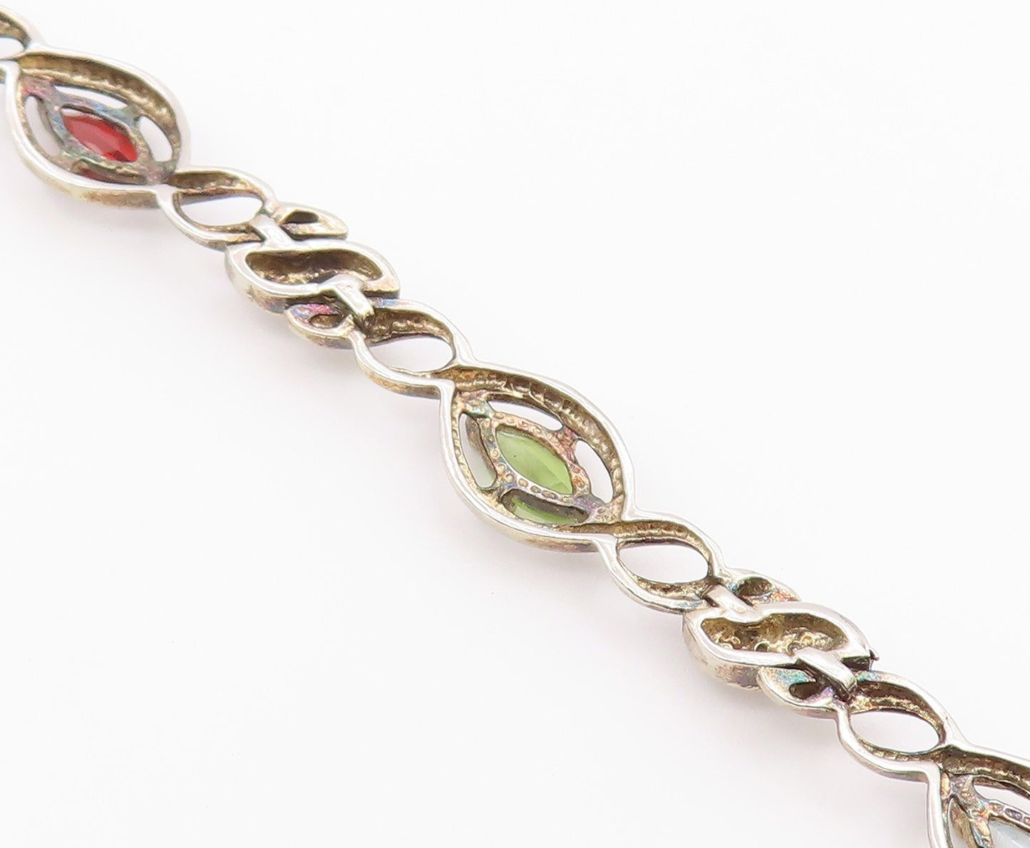 925 Sterling Silver Vintage Genuine Diamond & Multi Stone Chain Bracelet BT8314