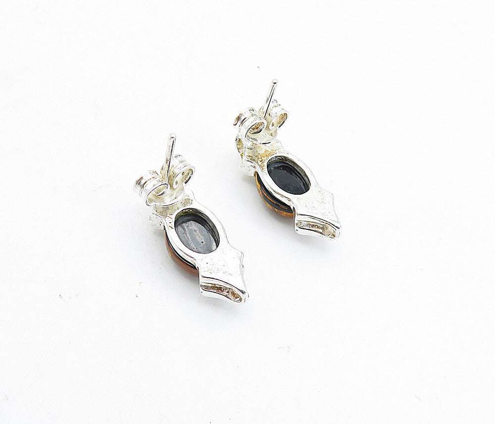 925 Sterling Silver  Cabochon Cut Amber Shiny Petite Drop Earrings  EG2254