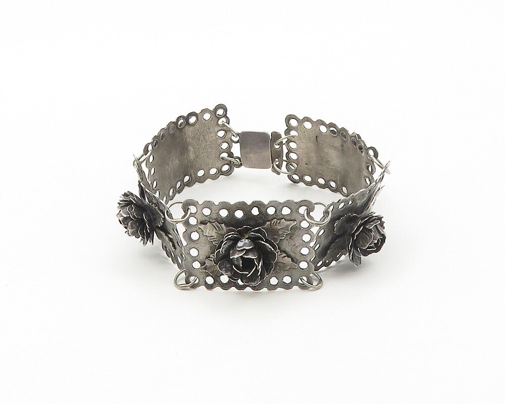 925 Sterling Silver  Vintage Hand Made Oxidized Rose Chain Bracelet  BT6807