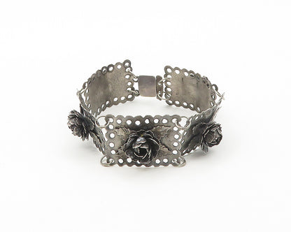 925 Sterling Silver  Vintage Hand Made Oxidized Rose Chain Bracelet  BT6807