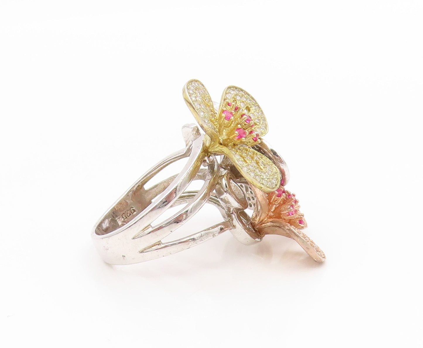 925 Sterling Silver Vintage Ring Pink Topaz & CZ Floral Petals  Sz 8  RG34536