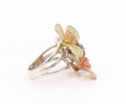 925 Sterling Silver Vintage Ring Pink Topaz & CZ Floral Petals  Sz 8  RG34536