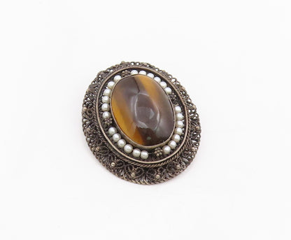 925 Sterling Silver Vintage Brooch Cabochon Tiger's Eye & Pearl Pin  BP12091