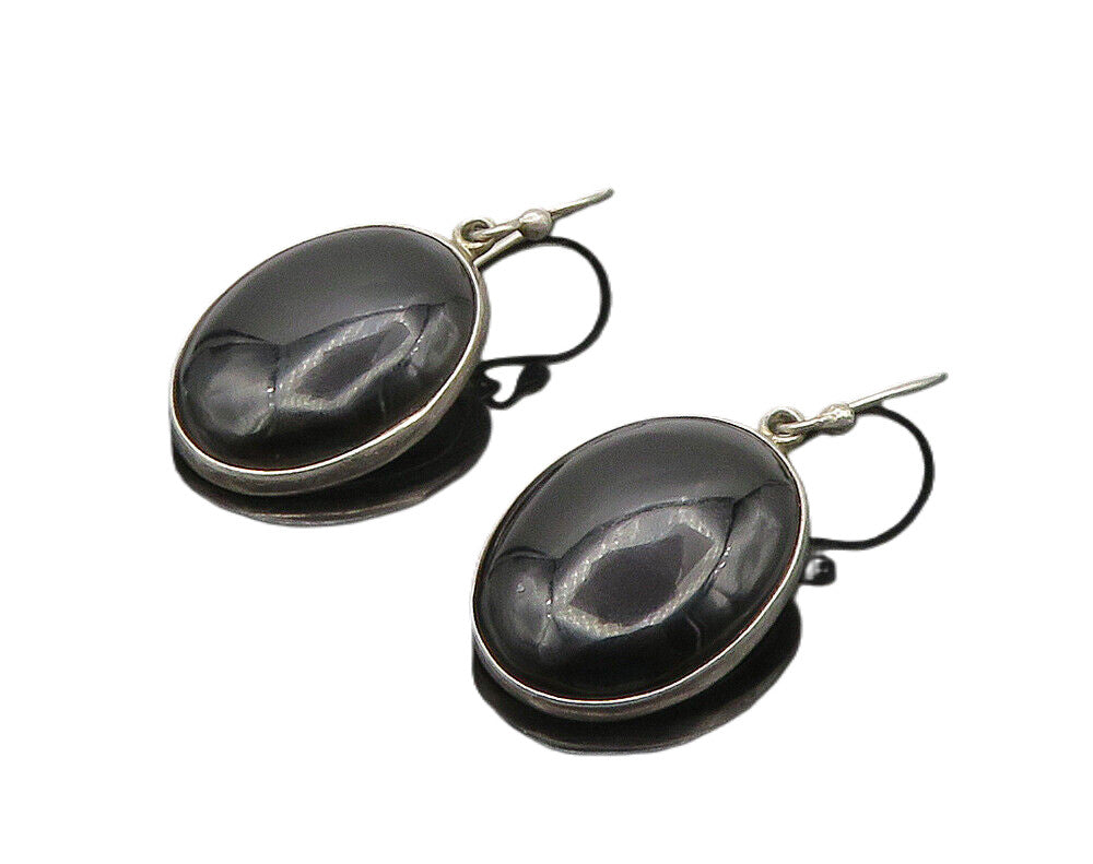 925 Sterling Silver  Vintage Cabochon Cut Black Onyx Dangle Earrings  EG7972