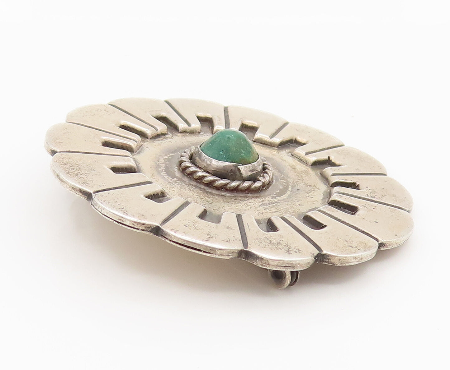 LA CUCARACHA MEXICO 925 Silver  Vintage Green Jasper Floral Brooch Pin BP10141