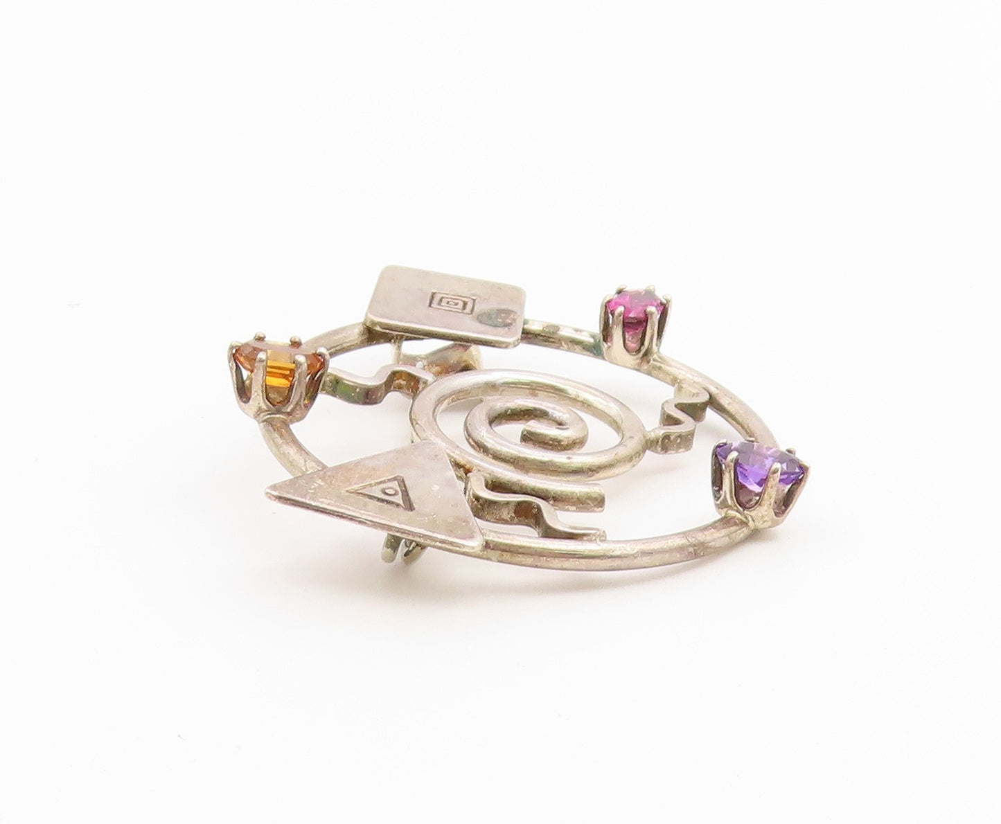 925 Sterling Silver Vintage Brooch Pin Multi Gemstone Geometric Galaxy  BP12649