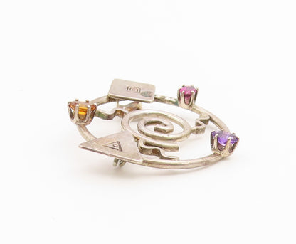925 Sterling Silver Vintage Brooch Pin Multi Gemstone Geometric Galaxy  BP12649