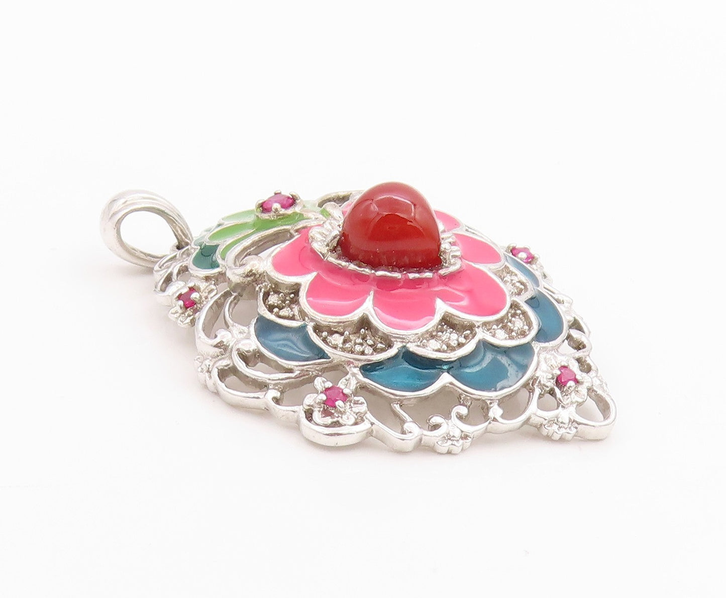 925 Sterling Silver Vintage Pendant CZ & Enameled Floral Gemstone Heart  PT24362