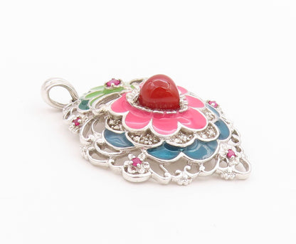 925 Sterling Silver Vintage Pendant CZ & Enameled Floral Gemstone Heart  PT24362