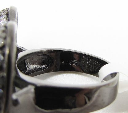 925 Silver  White Cubic Zirconia Dark Tone Love Heart Cluster Ring Sz 6  RG3259