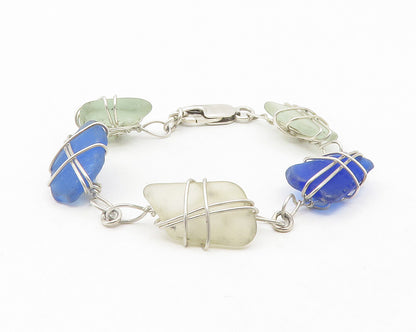 925 Sterling Silver  Wire Wrapped Blue & White Quartz Chain Bracelet  BT4748