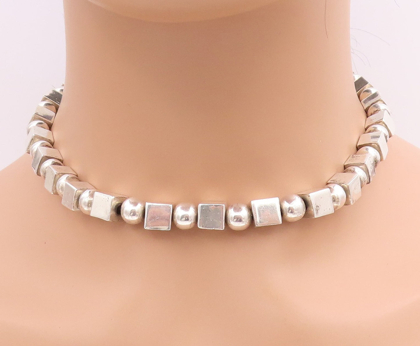 925 Sterling Silver Vintage Necklace Solid Geometric Sphere & Cube Chain  NE4614