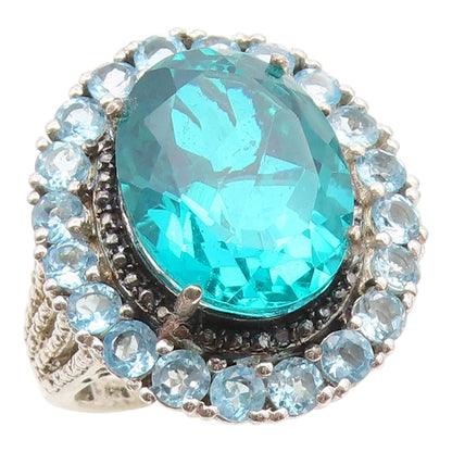 925 Sterling Silver Vintage Ring Large Blue Quartz & Topaz Band  Sz 8  RG35087