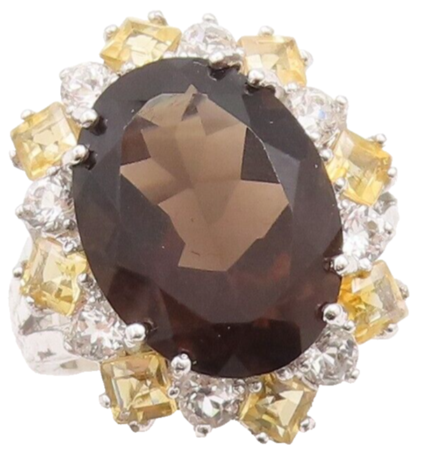 925 Sterling Silver Vintage Ring Smoky Quartz Citrine & Sapphire  Sz 7  RG29587