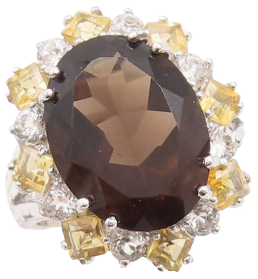 925 Sterling Silver Vintage Ring Smoky Quartz Citrine & Sapphire  Sz 7  RG29587