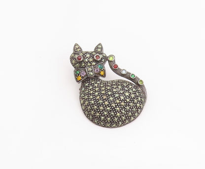 925 Sterling Silver Vintage Brooch Multi Gemstone Cat With Bowtie Pin  BP11999