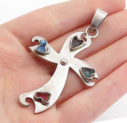 MEXICO 925 Sterling Silver Vintage Multi Stone Religious Cross Pendant PT4337