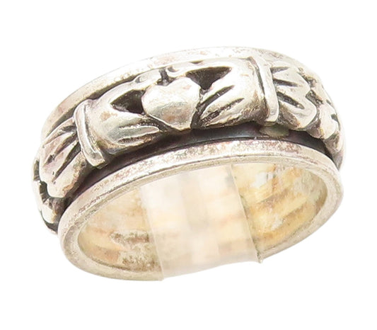 925 Sterling Silver Vintage Ring Carved Spinning Claddagh Band  Sz 6  RG34406