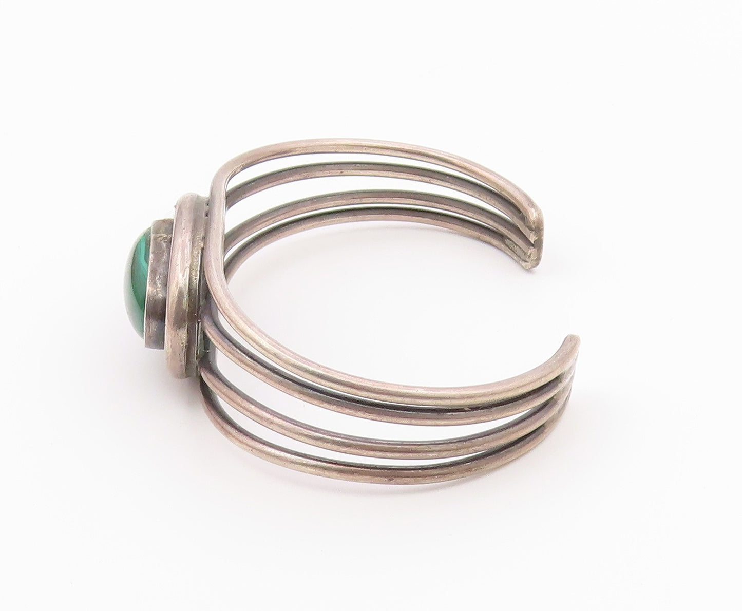 925 Sterling Silver  Vintage Cabochon Malachite Split Cuff Bracelet  BT9205