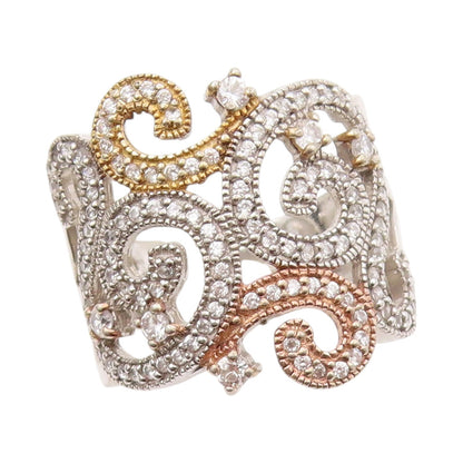 925 Sterling Silver Vintage Ring CZ Inlay Swirly Cutout Design  SZ 8  RG31985