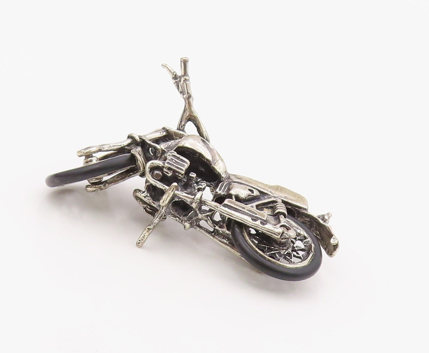 925 Sterling Silver  Vintage Dark Tone Rubber Wheel Motorcycle Trinket  TR2748