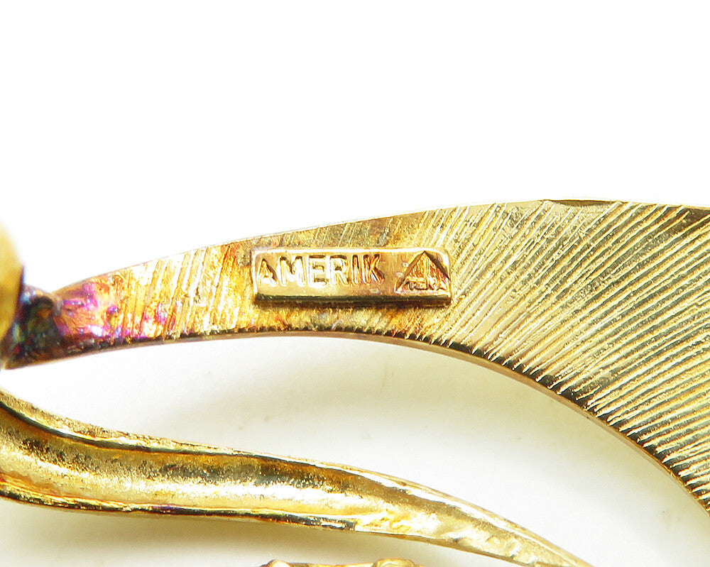 AMERIK 925 Silver  Vintage Pink & White Topaz Gold Plated Brooch Pin  BP7531