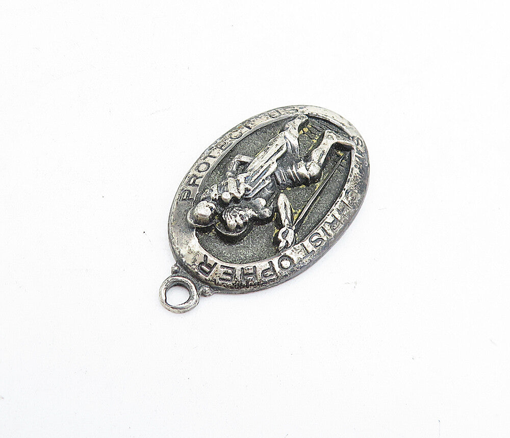 CREED 925 Silver  Vintage Antique Saint Christopher Prayer Pendant  PT4497