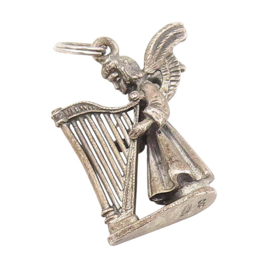 925 Sterling Silver Vintage Pendant CREED 3D Angel Playing Harp Charm  PT25353
