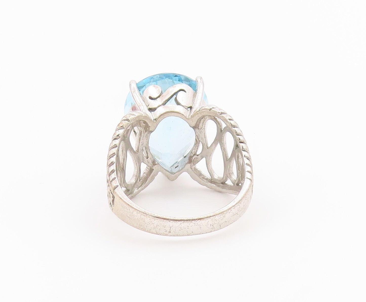 925 Sterling Silver Vintage Ring Pear Cut Blue Topaz Openwork Band Sz 11 RG36439