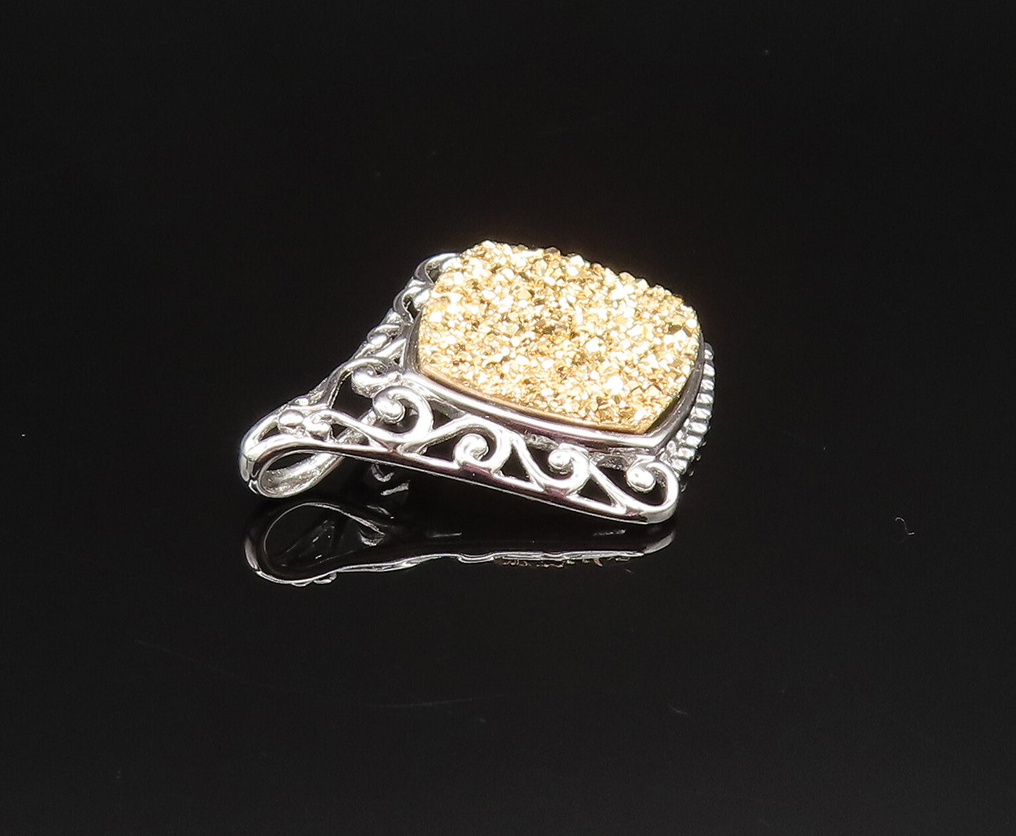 925 Sterling Silver  Vintage Open Scroll Edge Drusy Quartz Pendant  PT20994