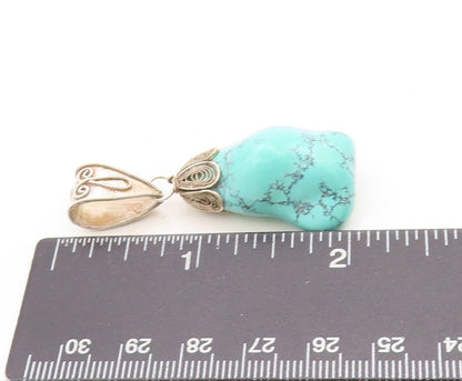 925 Sterling Silver Vintage Pendant Modernist Amorphas Shape Turquoise  PT23854