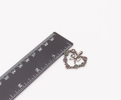 925 Sterling Silver  Vintage Flower Band Heart With bow Topaz Pendant  PT22154