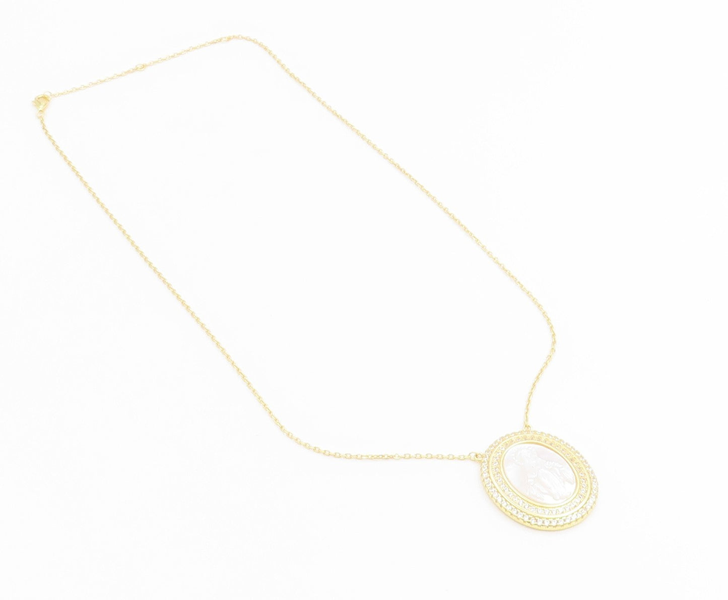 925 Sterling Silver Vintage Necklace Gold Plated Mother Of Pearl Mary  NE4896