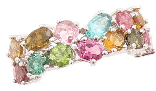 925 Sterling Silver Vintage Ring Brutalist Multi Color Gemstones  Sz 7.5 RG32903