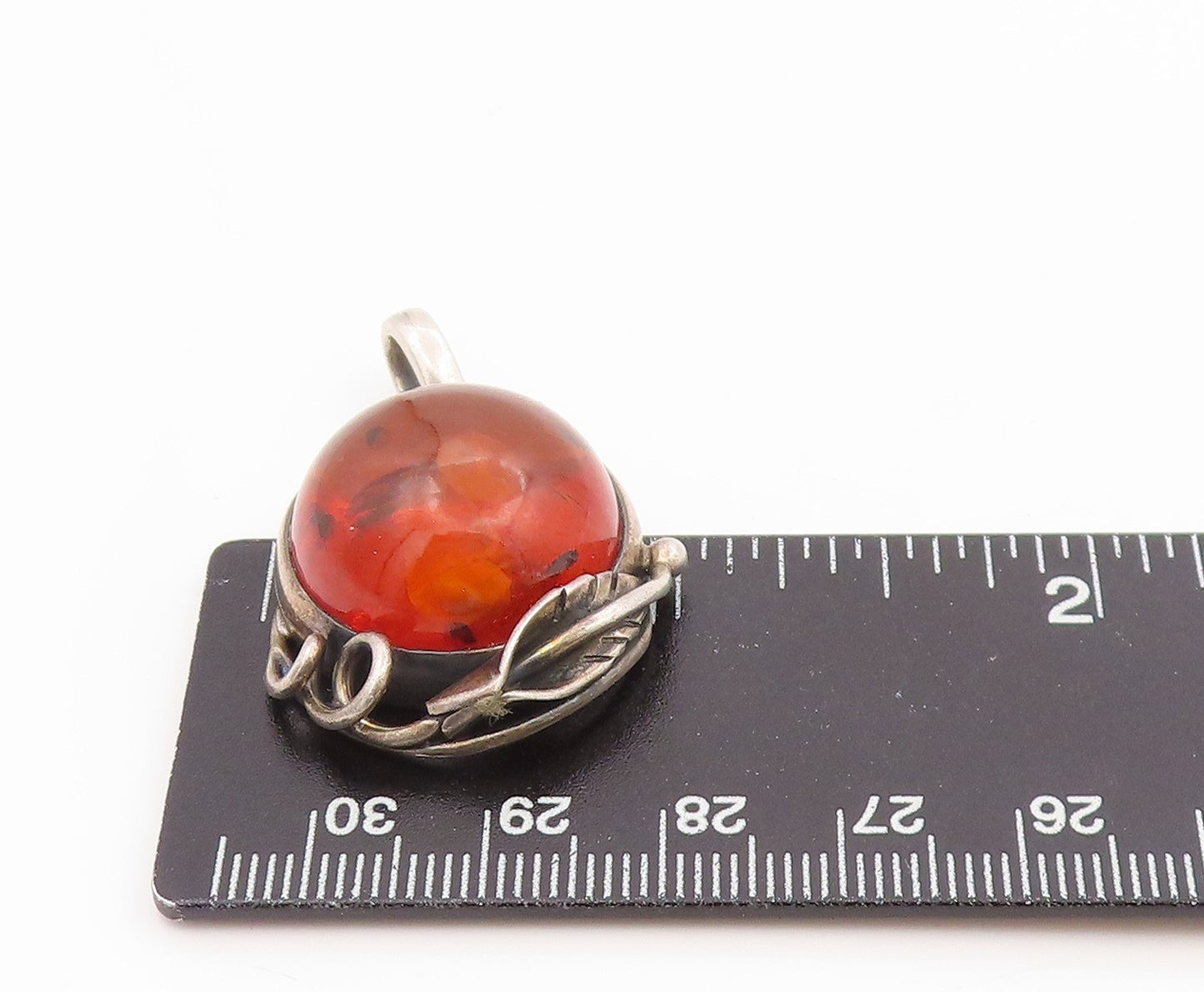 925 Sterling Silver Vintage Pendant Round Cabochon Amber Leaf Motif  PT26242