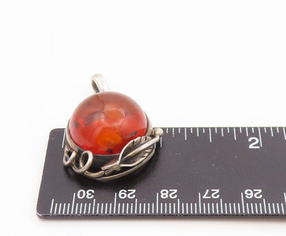 925 Sterling Silver Vintage Pendant Round Cabochon Amber Leaf Motif  PT26242