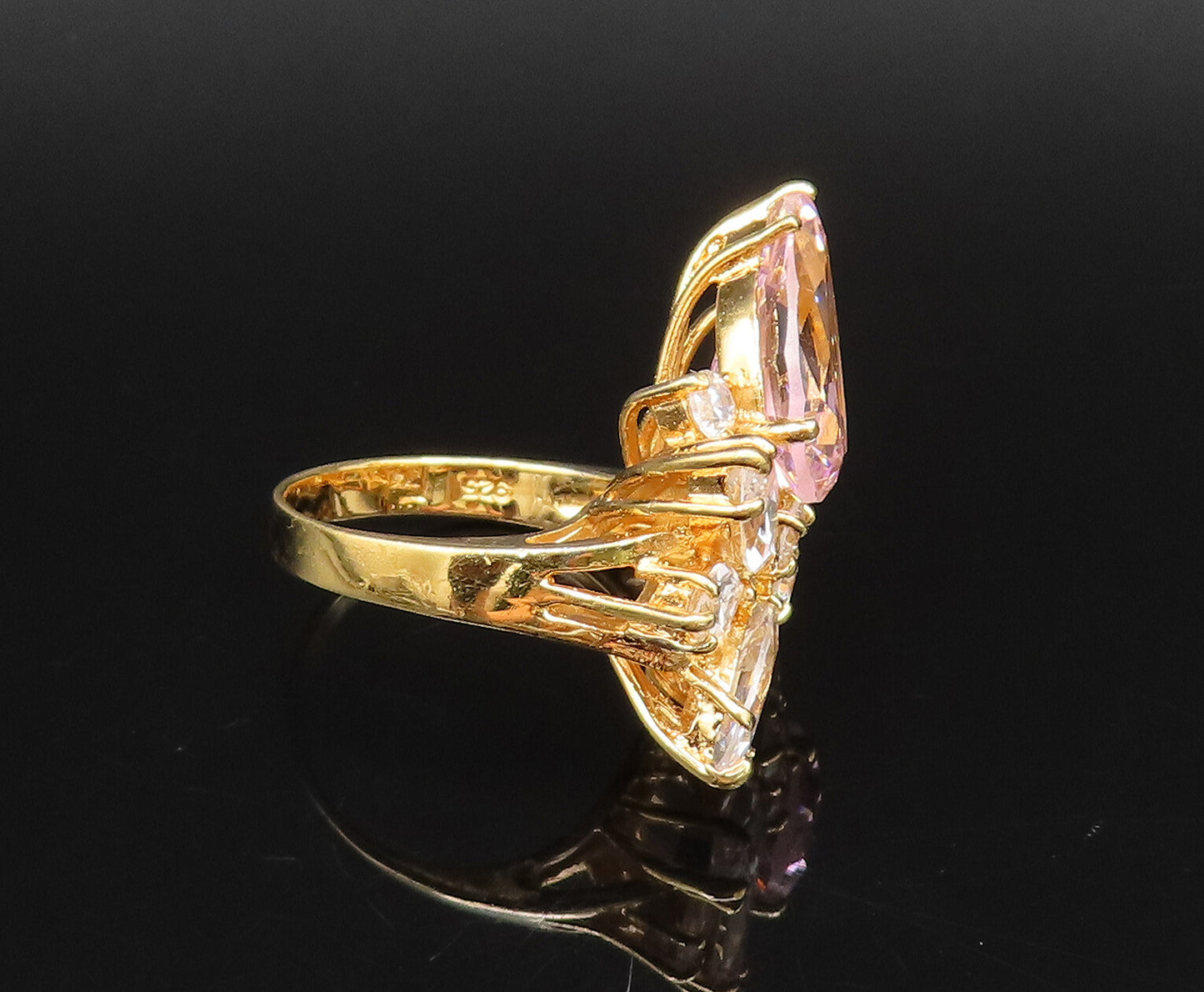 925 Silver  Vintage Gold Plated Pink & White Cubic Zirconia Ring Sz 6  RG26032