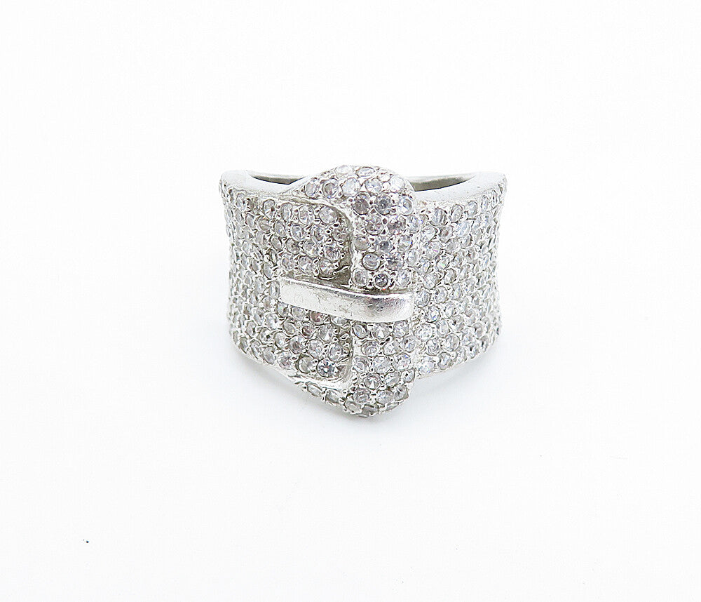 925 Sterling Silver  Cubic Zirconia Belt Buckle Motif Band Ring Sz 6  RG3634